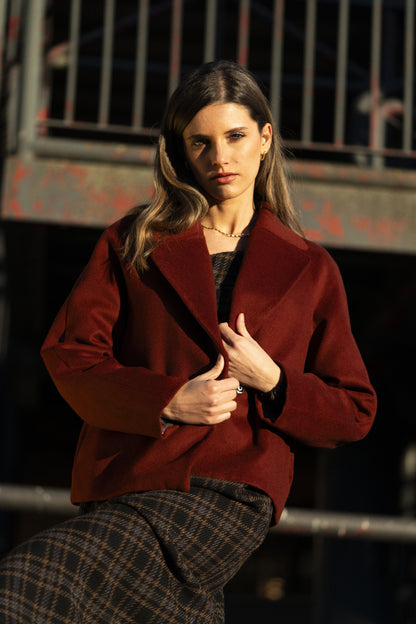 Dahlia - Wool Jacket with Cashmere, Bordeaux Short Jacket with Lapels