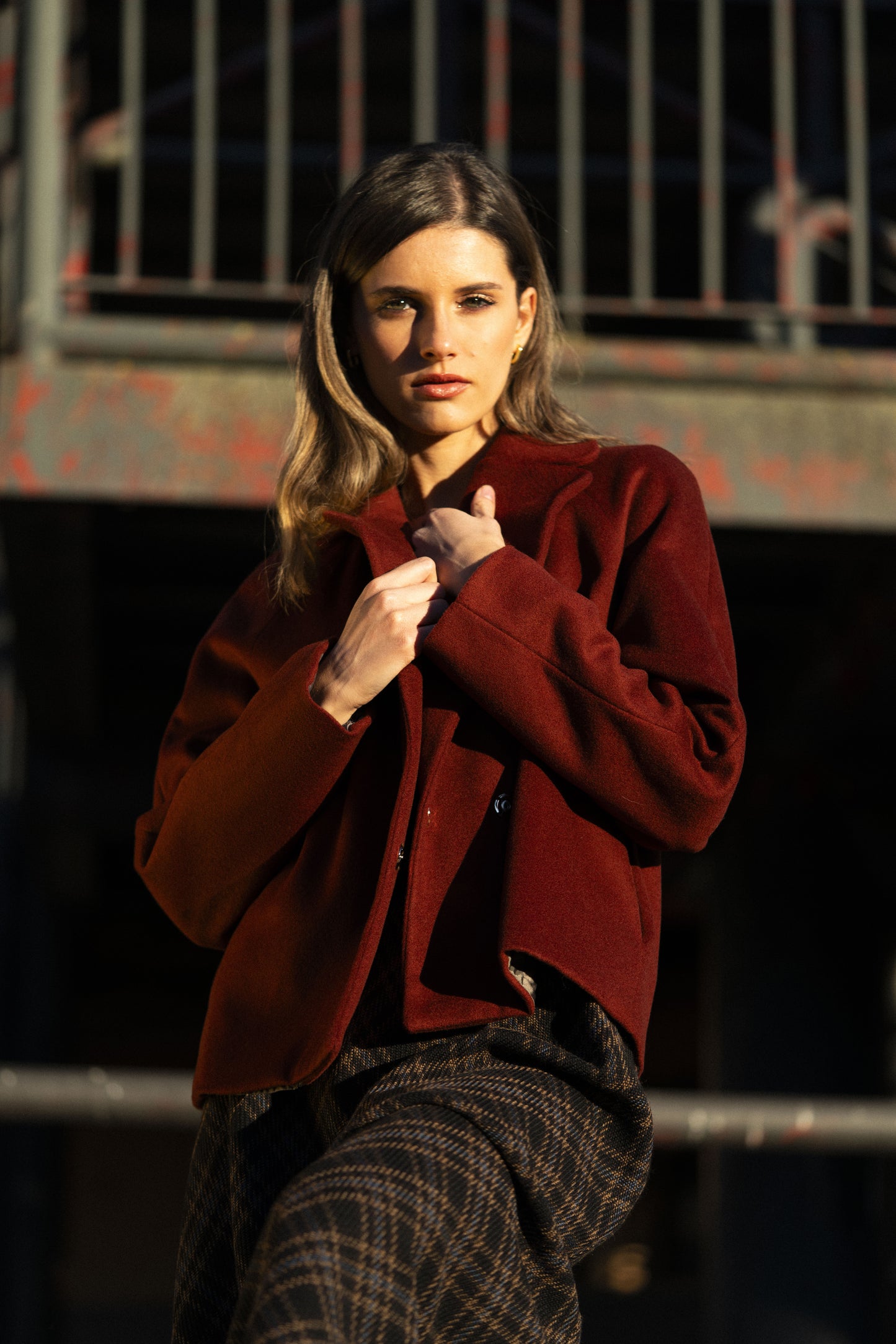 Dahlia - Wool Jacket with Cashmere, Bordeaux Short Jacket with Lapels