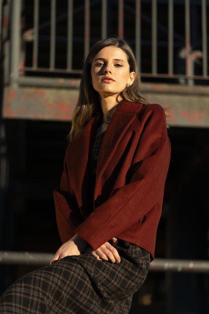 Dahlia - Wool Jacket with Cashmere, Bordeaux Short Jacket with Lapels