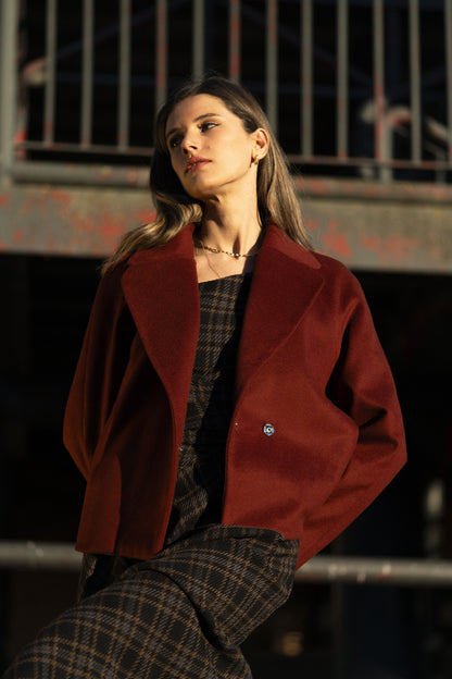 Dahlia - Wool Jacket with Cashmere, Bordeaux Short Jacket with Lapels