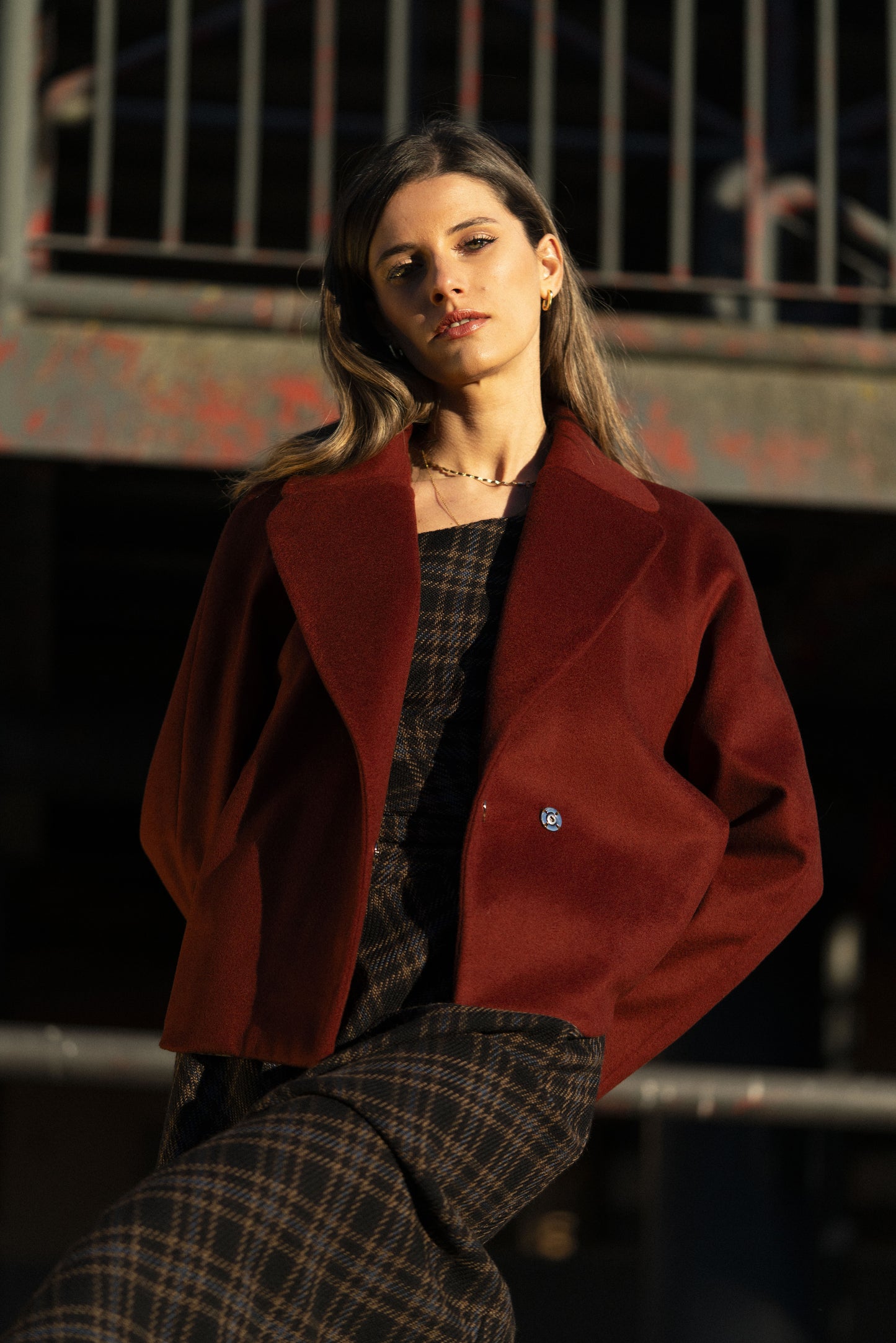 Dahlia - Wool Jacket with Cashmere, Bordeaux Short Jacket with Lapels