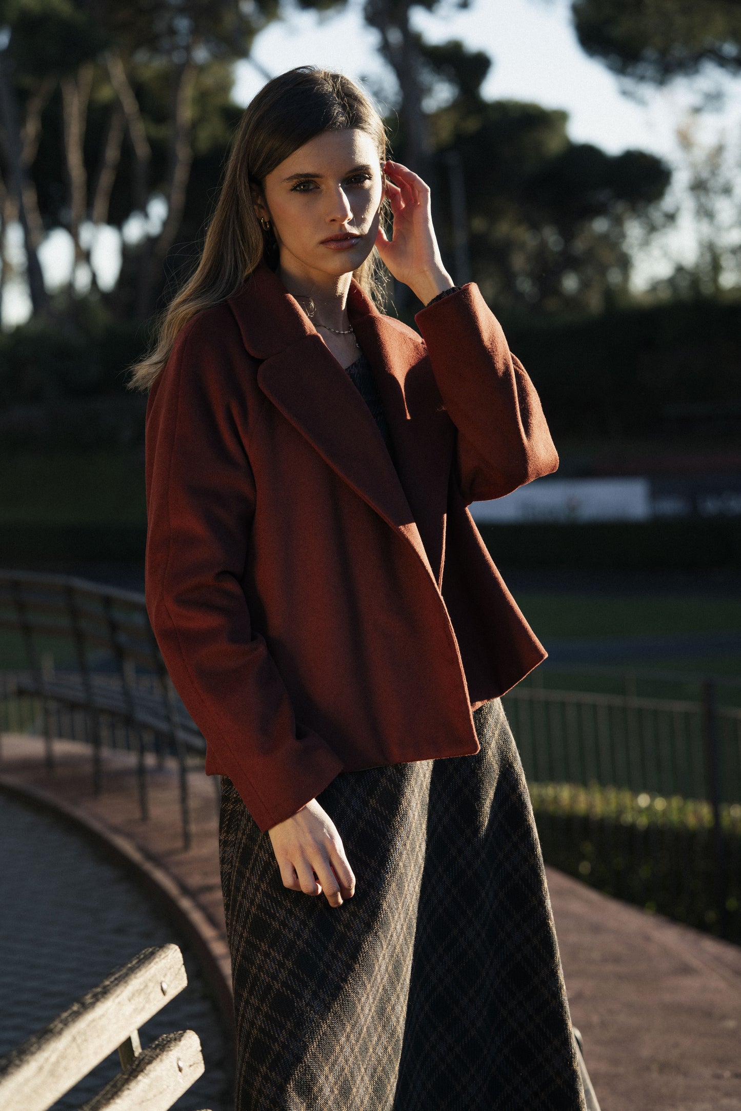 Dahlia - Wool Jacket with Cashmere, Bordeaux Short Jacket with Lapels